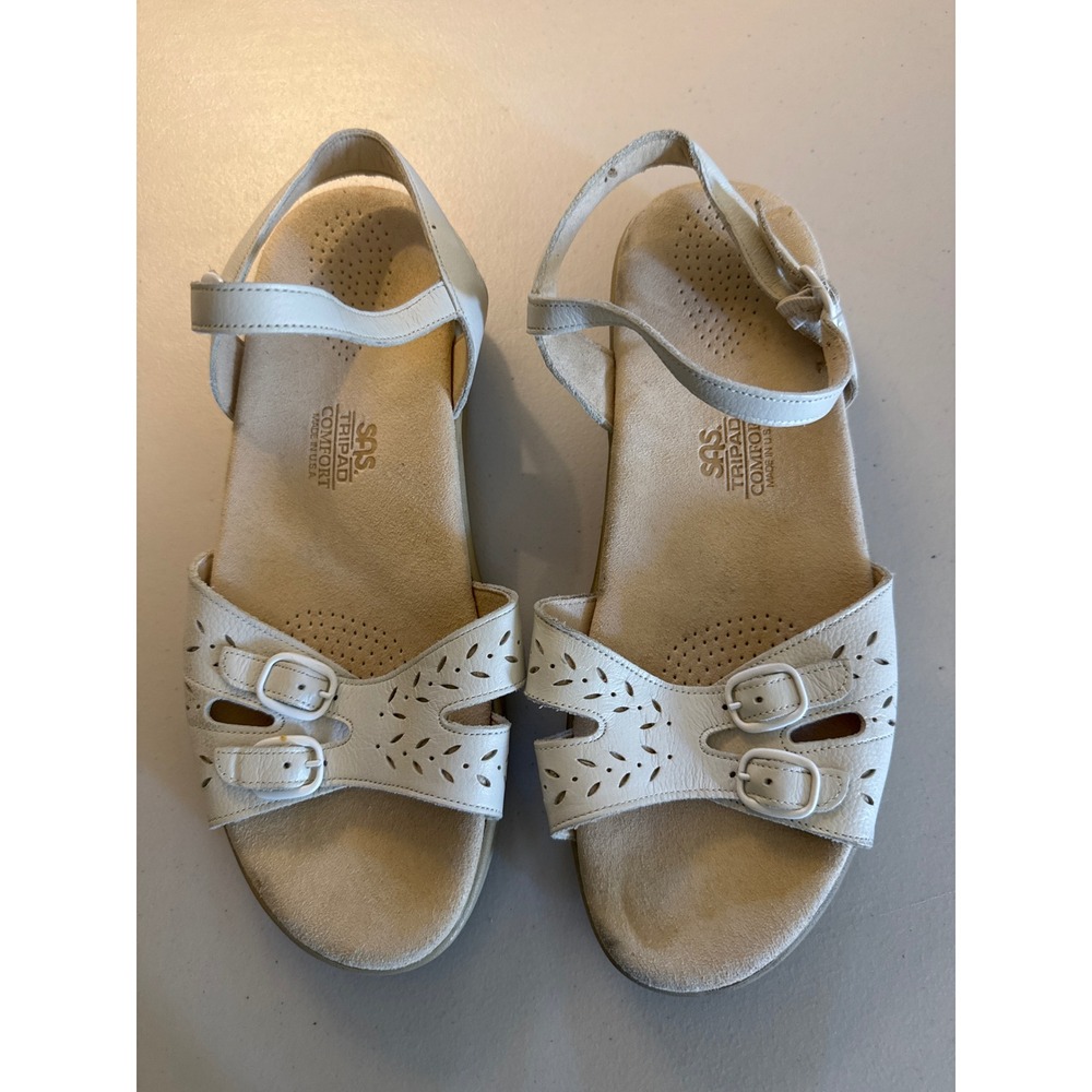 SAS Tripad Comfort White Leather Floral Cutout Sandals Womens 9.5 WW Made in USA
